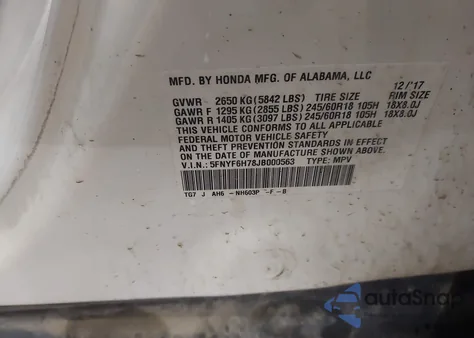 2018 Honda Pilot Ex-L z USA, uszkodzony, nr VIN 5FNYF6H78JB000563